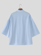 Men Casual Tops Solid 3/4 Sleeve Stand Collar V Neck Solid Loose Fit Outdoor Street Casual Shirt - Light Blue
