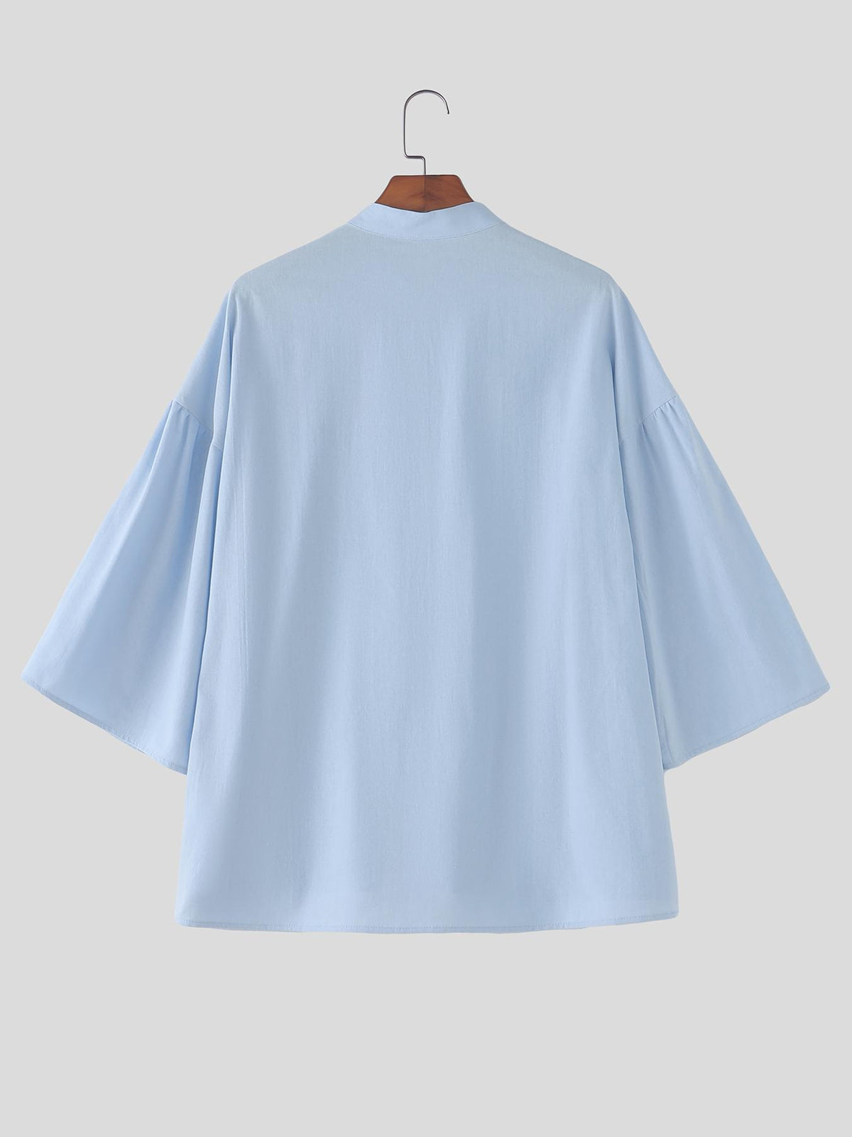 Men Casual Tops Solid 3/4 Sleeve Stand Collar V Neck Solid Loose Fit Outdoor Street Casual Shirt - Light Blue