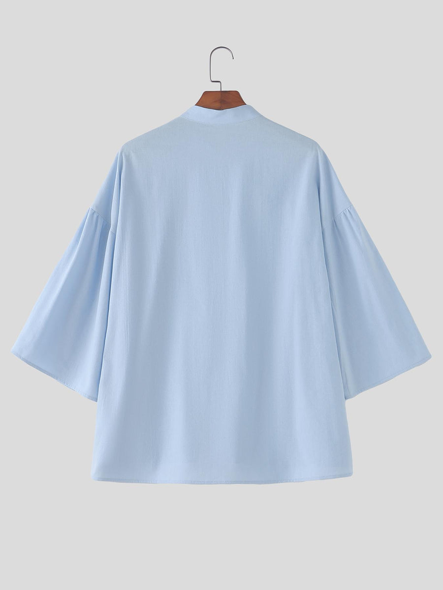 Men Casual Tops Solid 3/4 Sleeve Stand Collar V Neck Solid Loose Fit Outdoor Street Casual Shirt - Light Blue