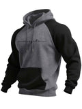 Men's Trendy Patchwork Print Hooded Sweatshirt, Casual Daily Wear Sporty Pullover, Autumn Essentials - Dark Gray + Black