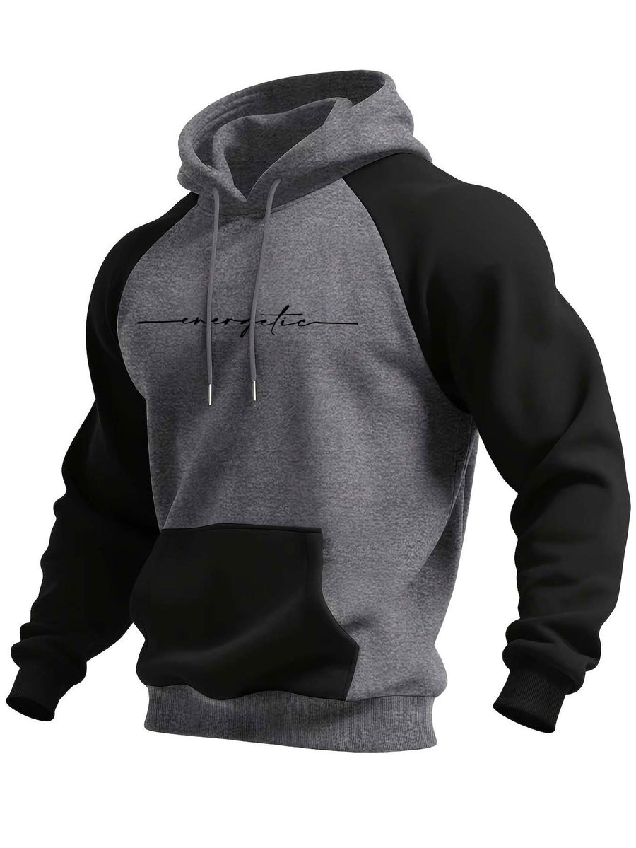 Men's Trendy Patchwork Print Hooded Sweatshirt, Casual Daily Wear Sporty Pullover, Autumn Essentials - Dark Gray + Black