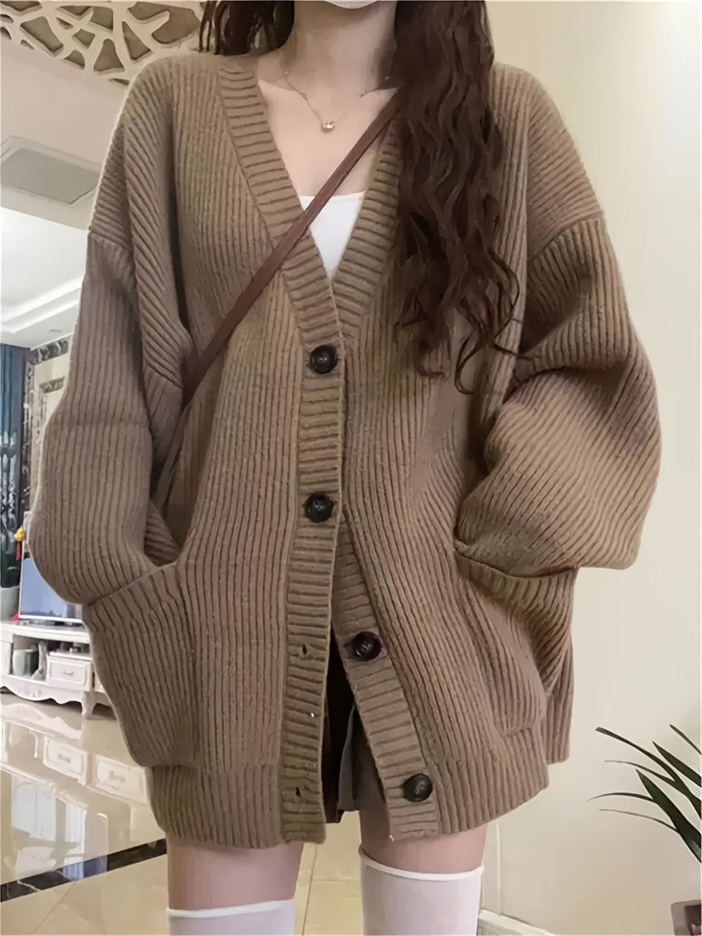 Casual V-Neck Single-Breasted Sweater Coat for Women with Double Pockets, Autumn and Winter Cardigan - Khaki