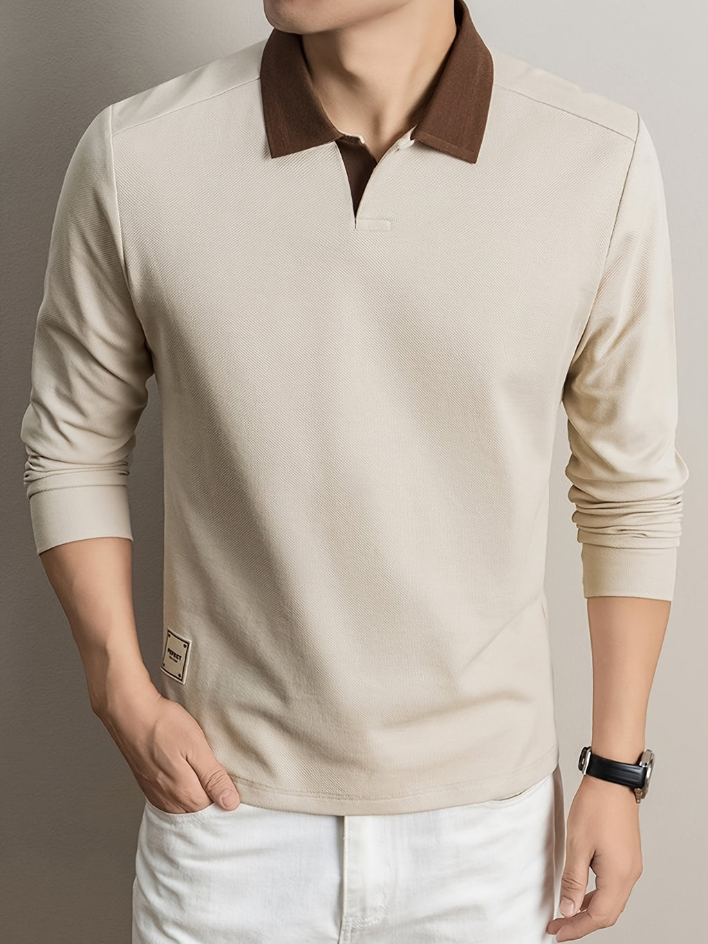 Men's Long-Sleeve T-Shirt, Color-Block Lapel Casual Tee, New Versatile Top for Spring and Autumn - Apricot