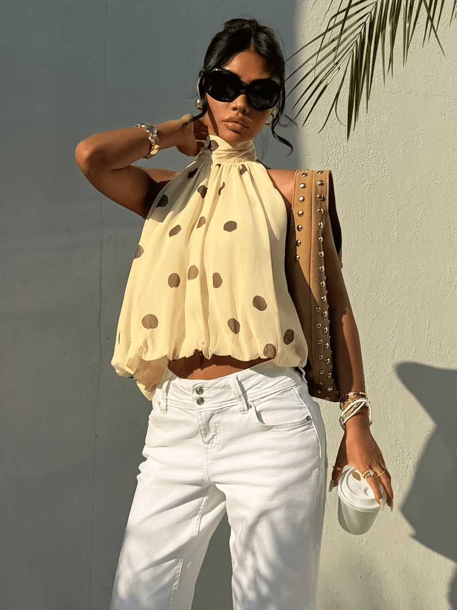 Women'S Elegant Polka Dot Print Backless Cami Top, Summer Slim Fit, Suitable for Holidays, Weddings, And Vacations. This Polka Dot Chiffon Top Features a Bud-Like Design, Off-The-Shoulder Cut, Perfect for Date Nights - Yellow