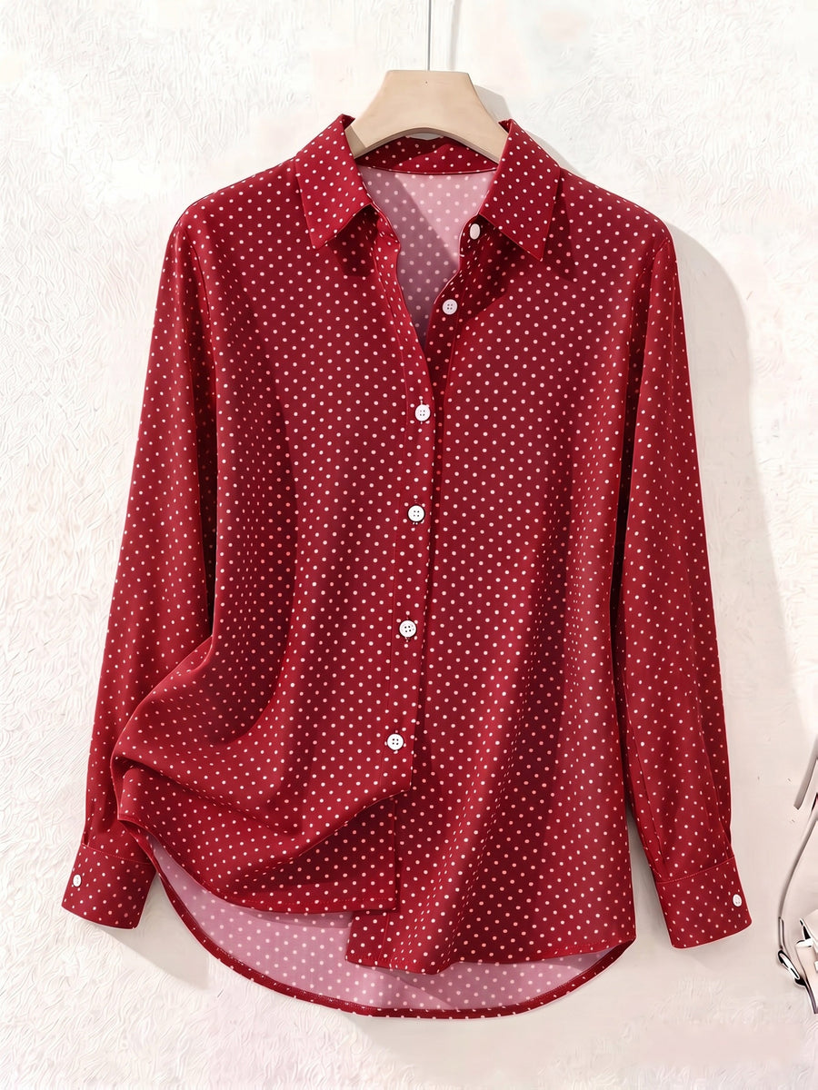 Elegant Fashion Single-Button Women'S Spring Autumn Long Sleeve Polka Dot Shirt - Red
