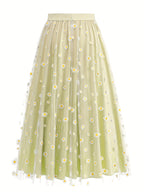Elegant Chiffon Vacation Skirt with Small Chrysanthemum Print for Women - Yellow