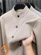 Men'S Stand Collar Knit Cardigan Fleece Thickened Jacket Casual Vertical Stripe Button-Up Top - Khaki