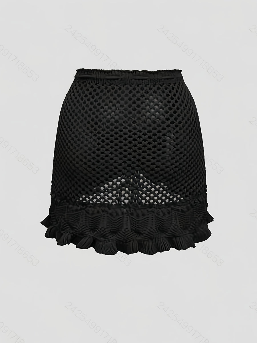 Targeted Style - Women's Elegant Casual Mini Skirt - Summer Beach Hollow Dress, Solid Color Minimalist, Soft and Comfortable Fabric - Black