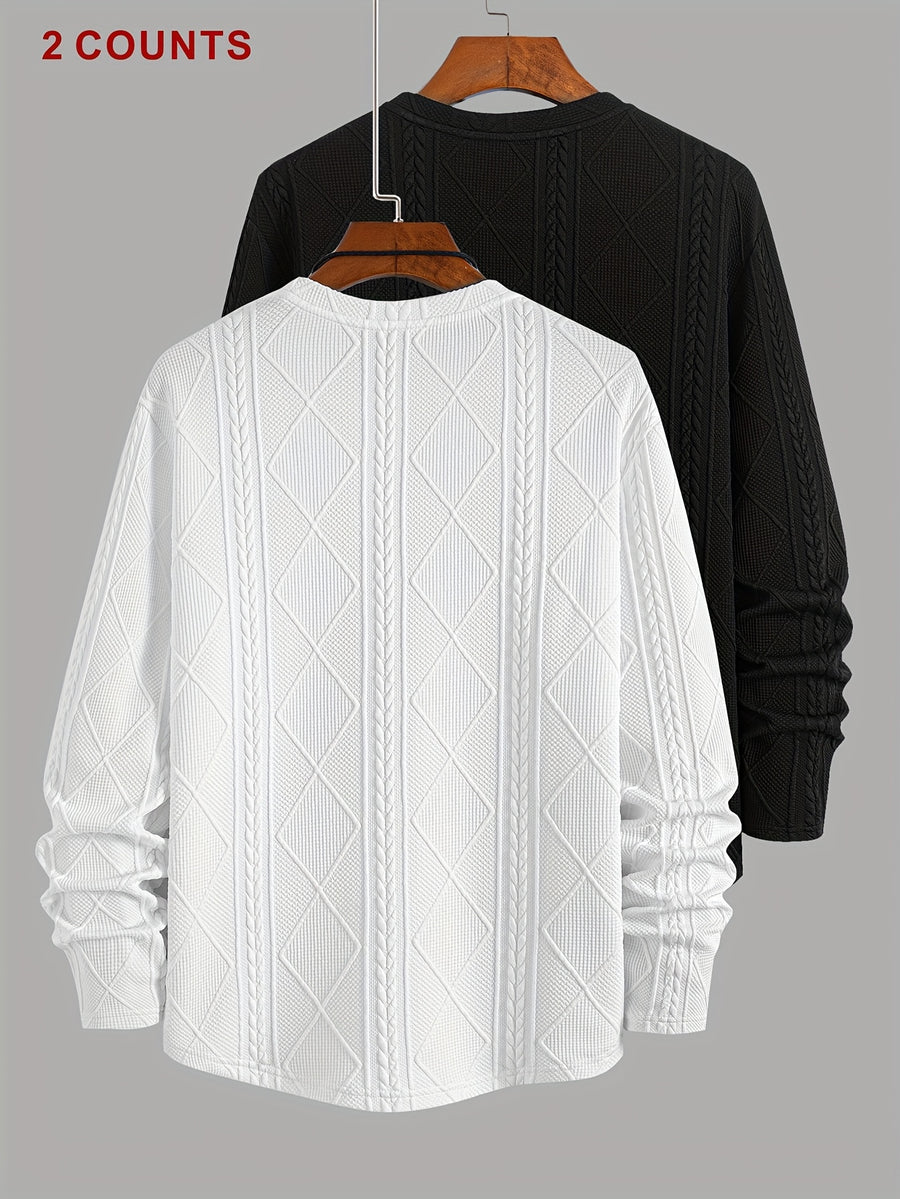 Jacquard Knit Long-Sleeve T-Shirt 2pcs, Casual Sport Long-sleeve Tee Made from Jacquard Knit Textured Fabric, Suitable for Daily Wear and Casual Outdoor Sports - White+black