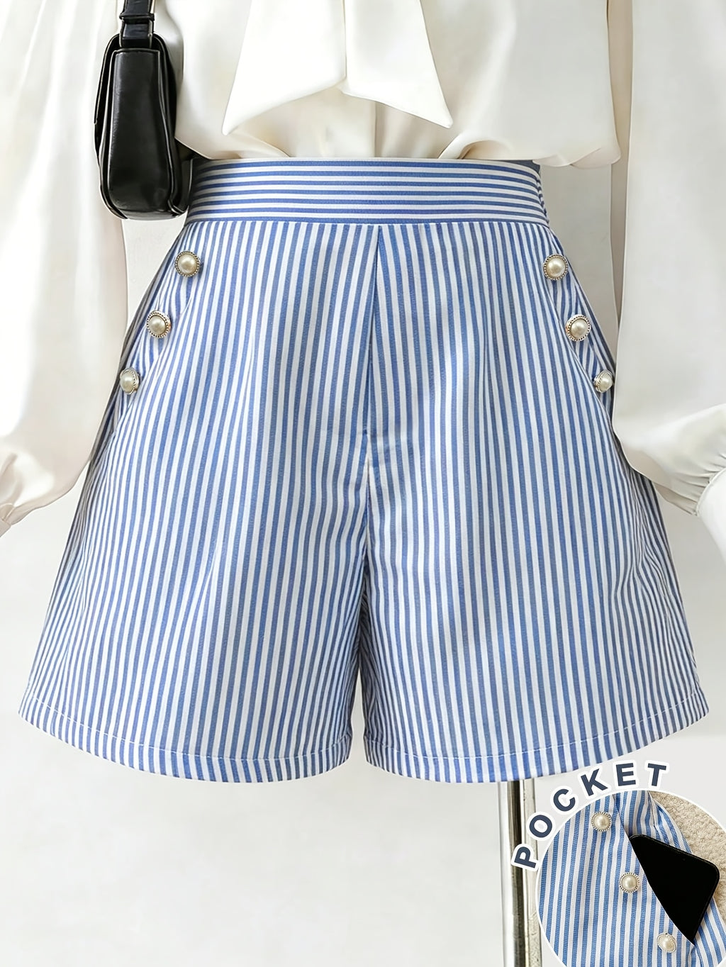 Women's Striped Button Pocket Shorts - Non-Stretch Casual Commuter Shorts with Button Closure Pockets, Striped Suitable for Spring Summer Fall, Machine Washable Shorts for Office, Casual Attire & Layering (No Elastic) - Blue