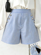 Women's Striped Button Pocket Shorts - Non-Stretch Casual Commuter Shorts with Button Closure Pockets, Striped Suitable for Spring Summer Fall, Machine Washable Shorts for Office, Casual Attire & Layering (No Elastic) - Blue
