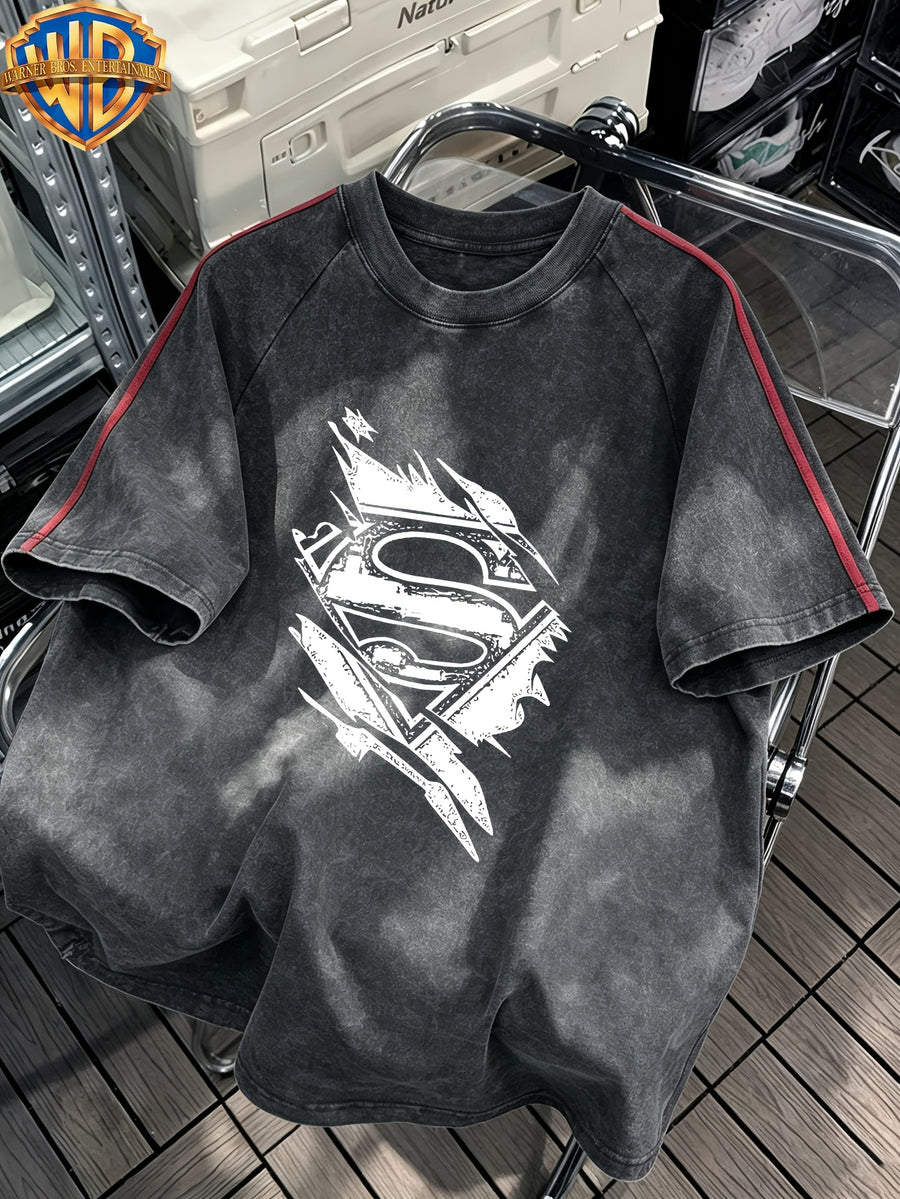 Men's Short-sleeve T-shirt Featuring a Superman Shattered "S" Logo Vintage Print, with an American Vintage Washed and Distressed Design. Suitable for Outdoor Sports and Daily Commuting, and Machine Washable - Unisex - Black
