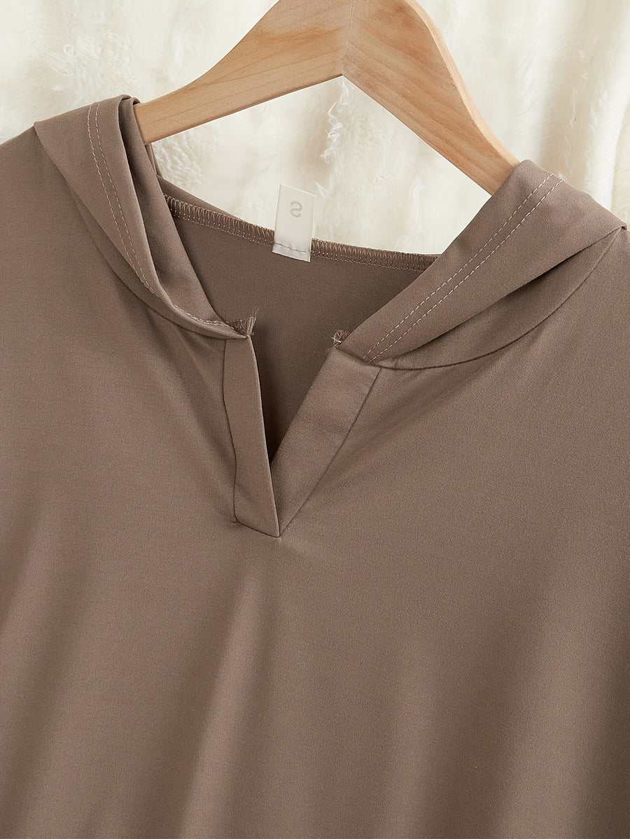 Plus Size Fashion Temperament Casual Solid Color Hooded Sweatshirt Short-Sleeved Top Drawstring Shorts Skirt Two-Piece Set - Brown 1
