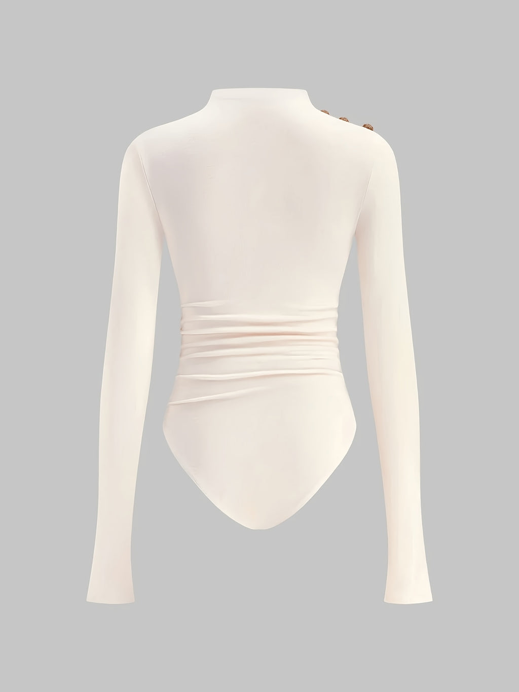 Women's Half-Turtleneck Pleated Bodysuit with Off-Shoulder Decorative Button Long-Sleeve Top, Slim-Fit Waist-Cinching Solid Color Base Layer Bodysuit - Apricot