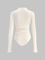 Women's Half-Turtleneck Pleated Bodysuit with Off-Shoulder Decorative Button Long-Sleeve Top, Slim-Fit Waist-Cinching Solid Color Base Layer Bodysuit - Apricot