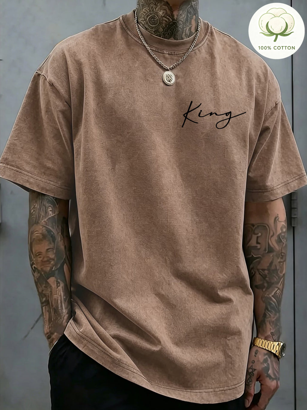 Men'S 100% Washed, Wolf King Print Pattern Retro Round Neck T-Shirt, Casual All-Match Loose Summer Short Sleeve T-Shirt, Daily Wear - Coffee Color