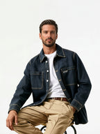 Japanese-style Workwear Non-Stretch Denim Shirt Jacket, Vintage Distressed Loose Fit Versatile Lapel Long Sleeve Top - Sea Blue