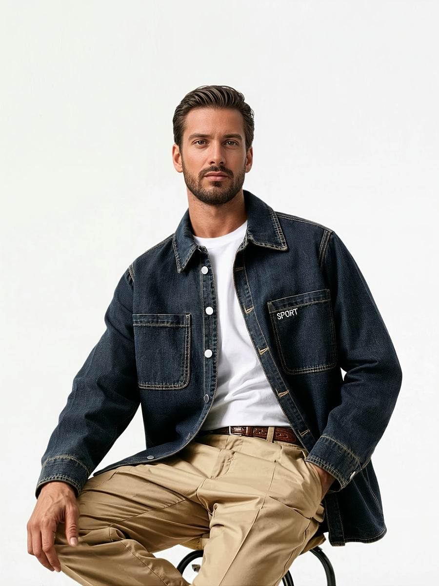 Japanese-style Workwear Non-Stretch Denim Shirt Jacket, Vintage Distressed Loose Fit Versatile Lapel Long Sleeve Top - Sea Blue