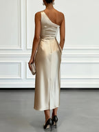 Elegant Champagne Off-Shoulder Satin Evening Dress - Single Shoulder Strap Bodycon Midi Gown with Waist Pleats, Machine Washable Suitable for Weddings, Proms, Galas & Special Occasions - Champagne
