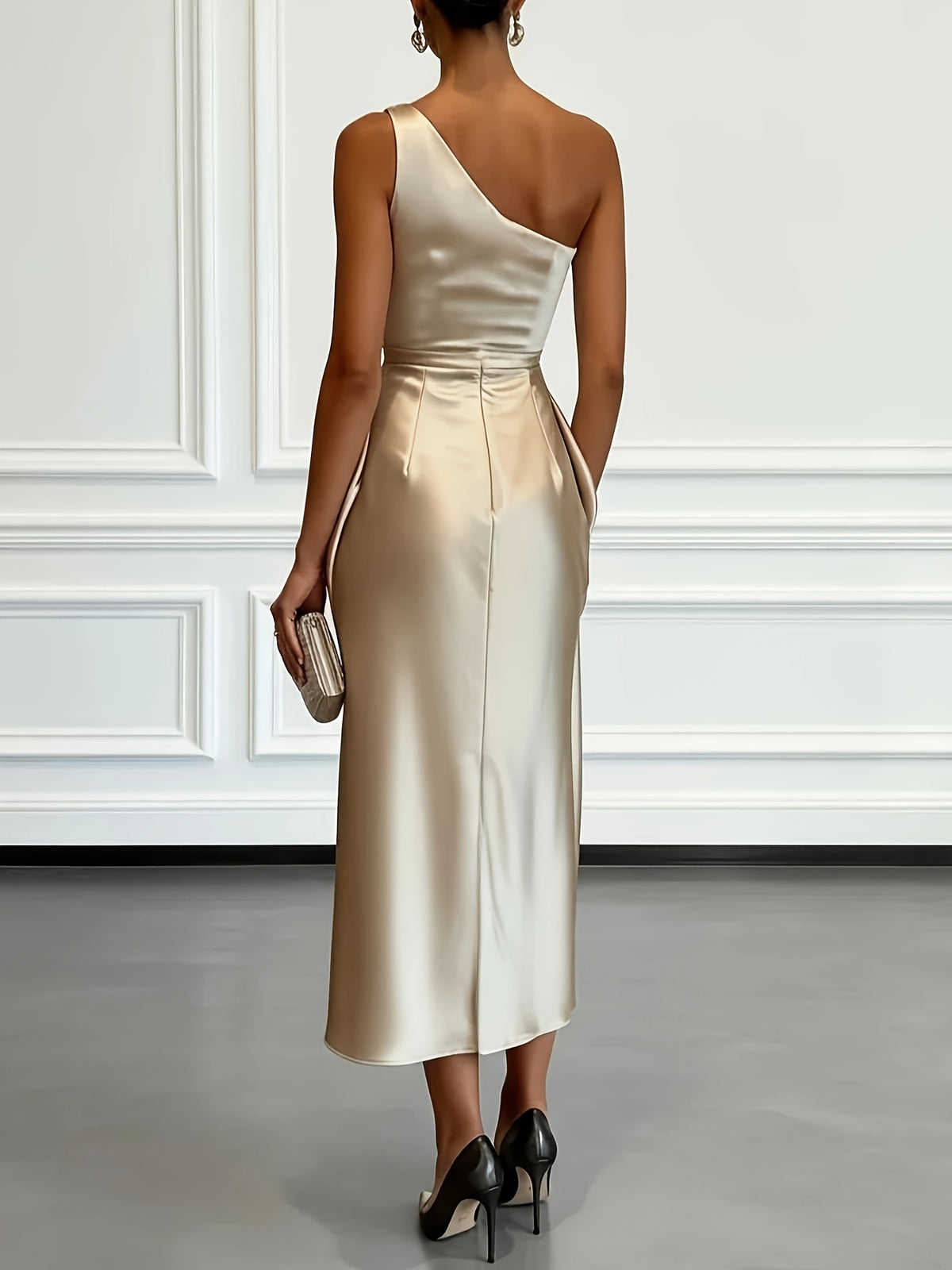 Elegant Champagne Off-Shoulder Satin Evening Dress - Single Shoulder Strap Bodycon Midi Gown with Waist Pleats, Machine Washable Suitable for Weddings, Proms, Galas & Special Occasions - Champagne