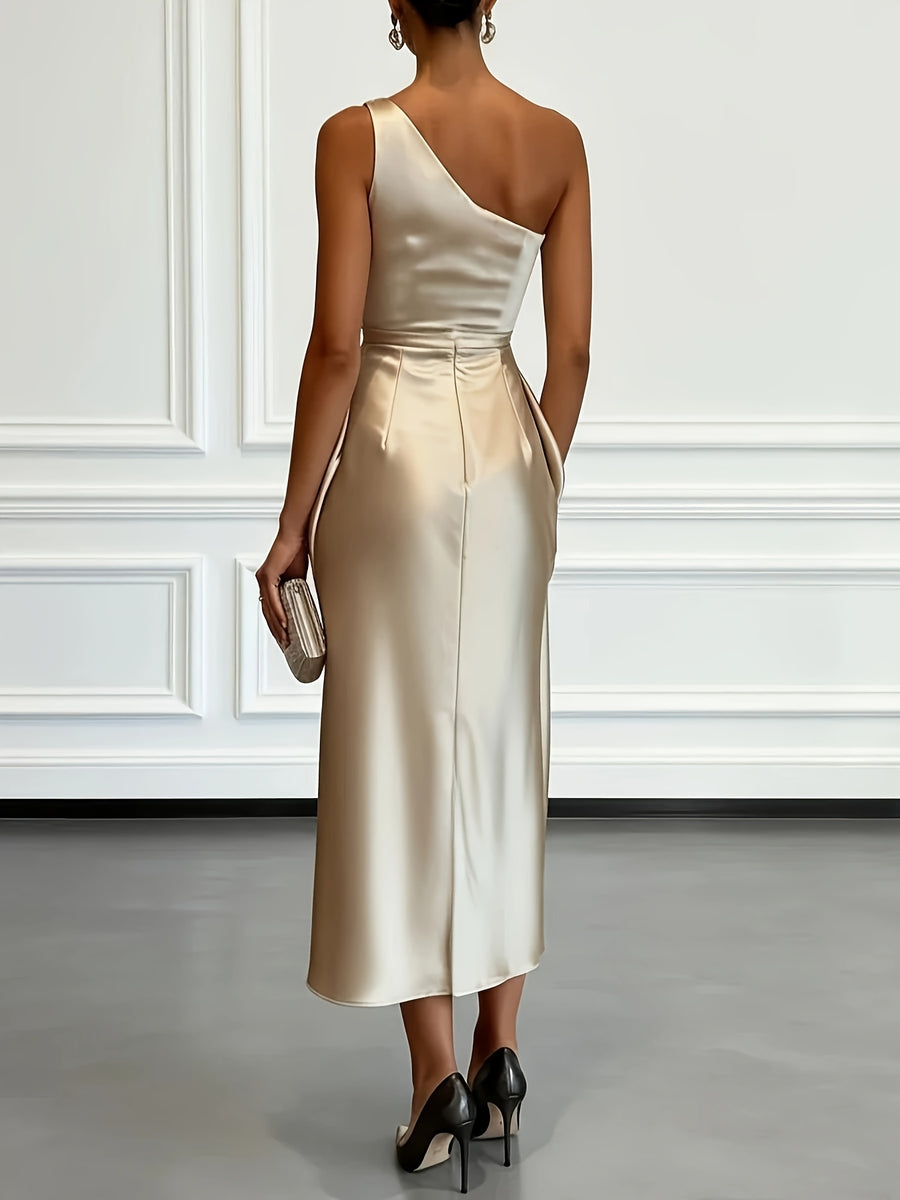 Elegant Champagne Off-Shoulder Satin Evening Dress - Single Shoulder Strap Bodycon Midi Gown with Waist Pleats, Machine Washable Suitable for Weddings, Proms, Galas & Special Occasions - Champagne