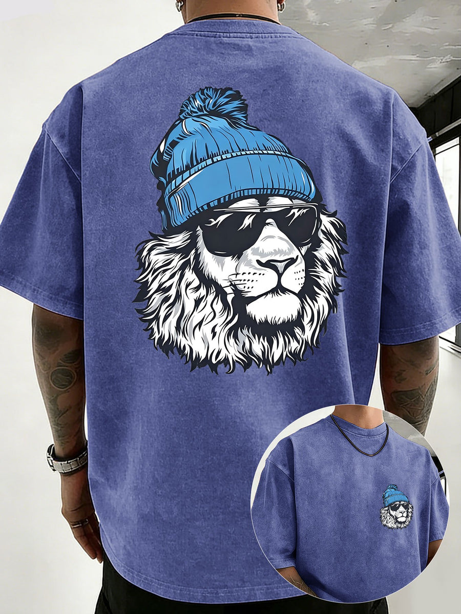 Men's Heavyweight Washed Distressed Loose-Fit Short-Sleeve T-Shirt with Reversible Print, Available in 12 Colors for Mix & Match, National Trend Y2K Style for Daily Commuting, Sports, Fitness, Couples, Streetwear, and Outings - Royal Blue