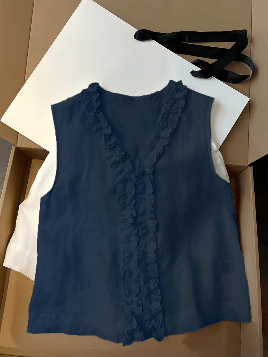 V-Neck Scalloped Edge Sleeveless Vest, 2026 Summer New Style - Navy Color