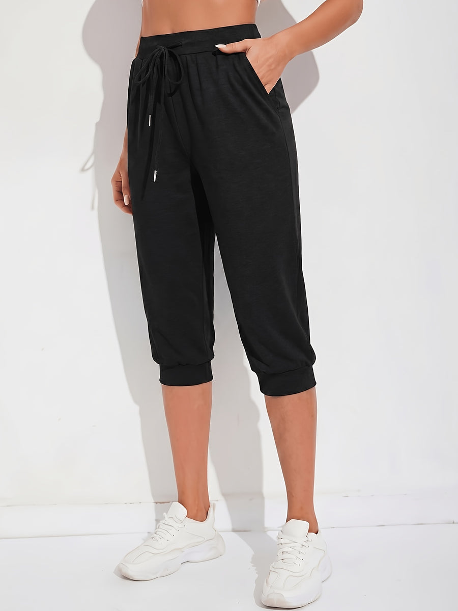 European and American Style High-Waist Cropped Sweatpants for Women, Summer Running Casual Jogger Pants with Pockets, Comfortable and Breathable Versatile Harem Pants for Home Wear - Black