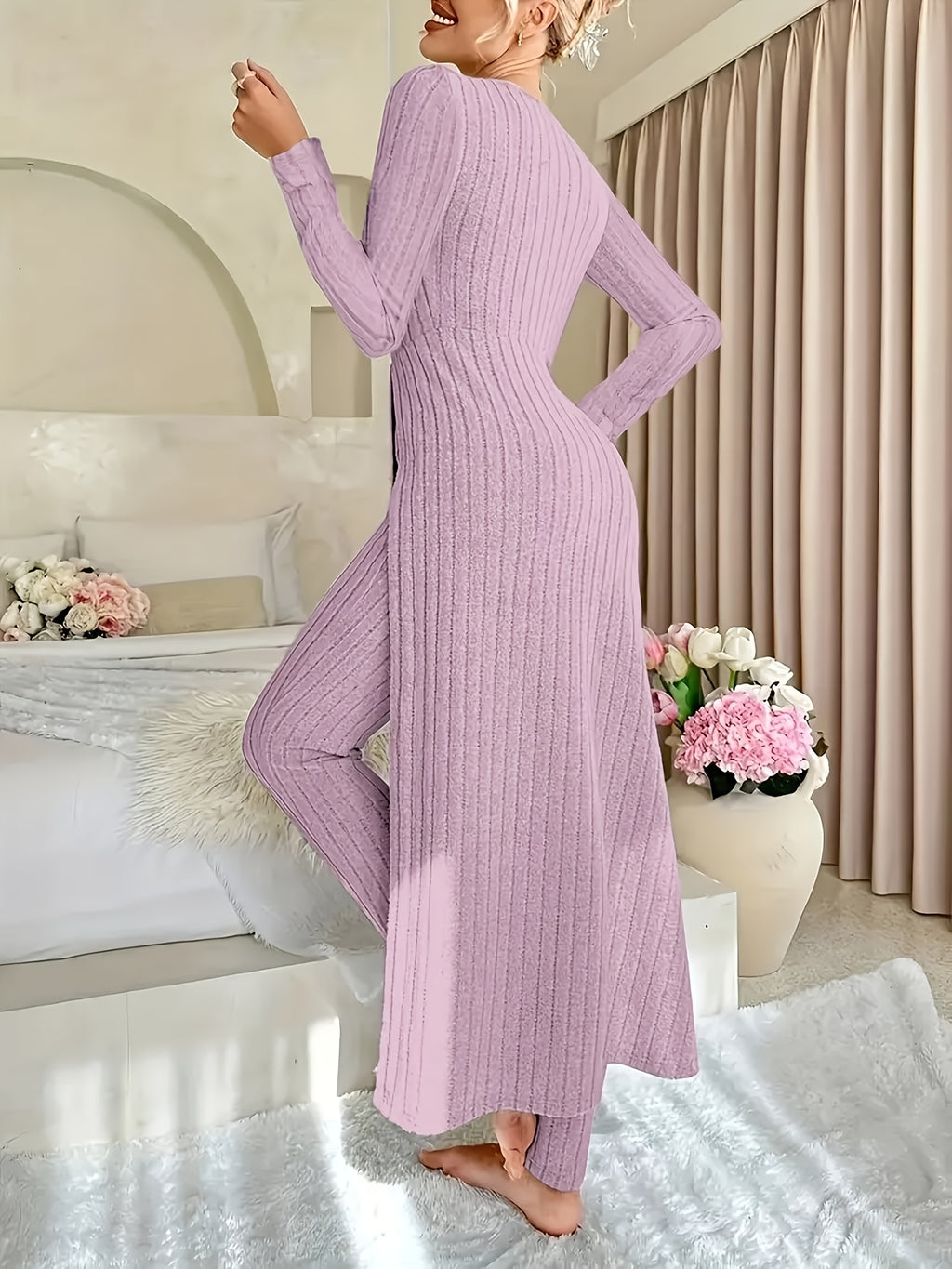 Autumn-Winter Casual Robe and Long Pants Set, High Slit Dress Set, Hair Needle Material, Suitable for Daily Wear, Home Casual Wear - Violet