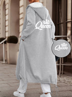 Women's Casual Fashion Long Hooded Jacket with Front and Back Print of White Crown + "Queen" Lettering, Comfortable and Versatile for Daily Commute and Multiple Scenarios - Grey