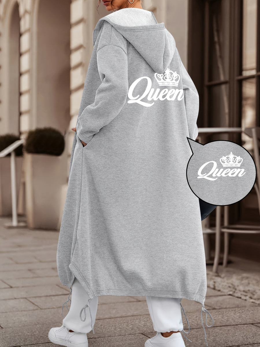 Women's Casual Fashion Long Hooded Jacket with Front and Back Print of White Crown + "Queen" Lettering, Comfortable and Versatile for Daily Commute and Multiple Scenarios - Grey