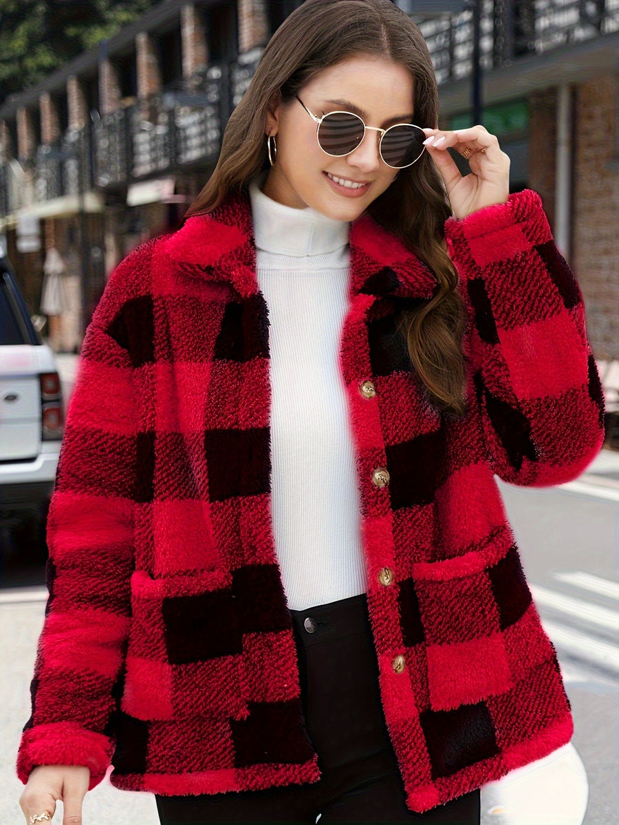 Plaid Print Patched Pockets Teddy Coat, Versatile Long Sleeve Single Breasted Winter Outwear, Women's Clothing - Red