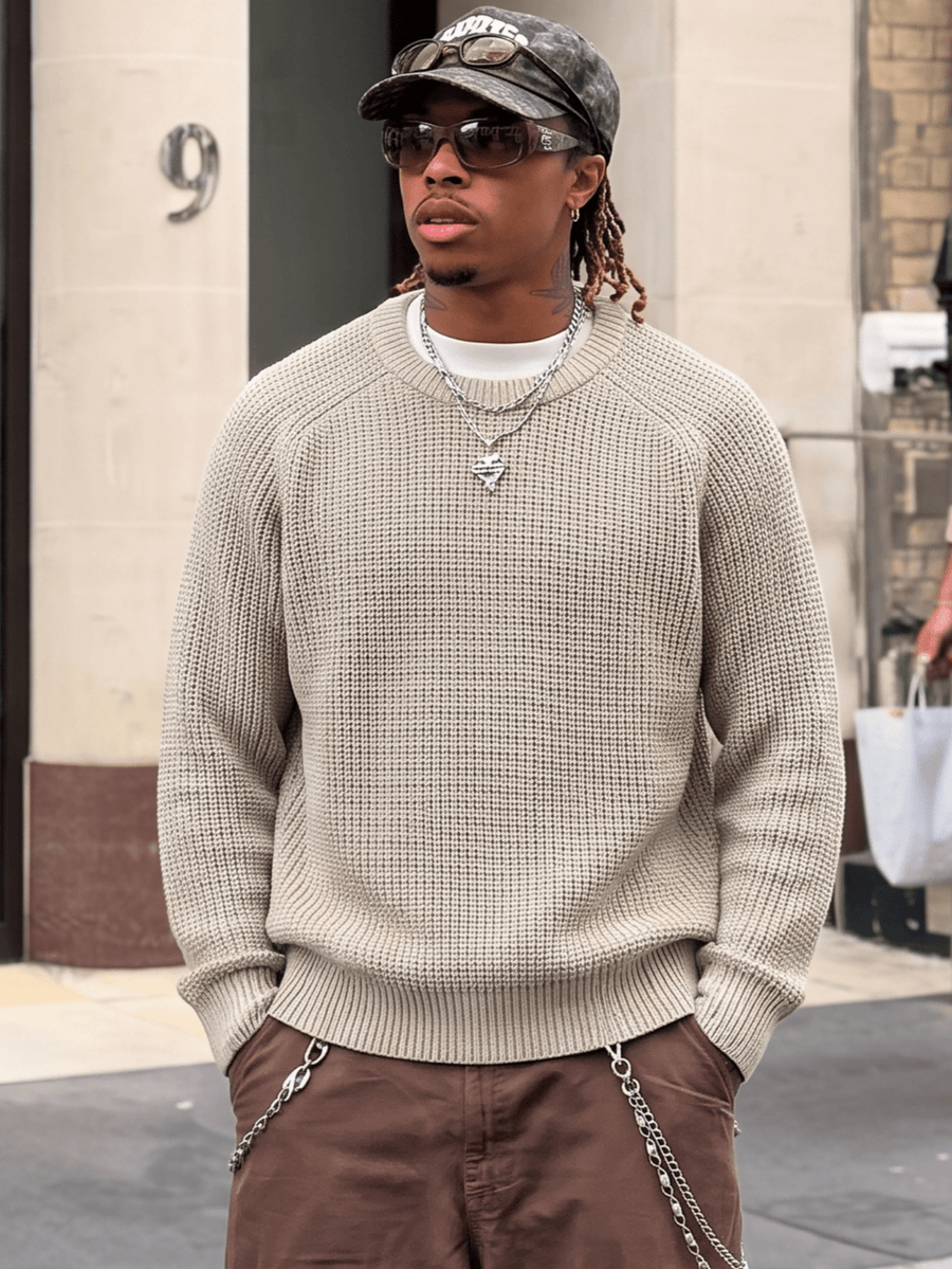 ANDREILEE Men's Apricot Knit Sweater - Winter Warm Loose Fit Slouchy Crew Neck Pullover, Solid Color Casual Sweater Suitable for Fall/Winter Layering, Hand Washable Basic Sweater for Office & Casual Attire - Apricot