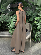 [Size for Regular Fit] Women's Simple Vacation Loose-Fit Comfortable Color-Block Contrast Trim Long Tank Dress - Linen