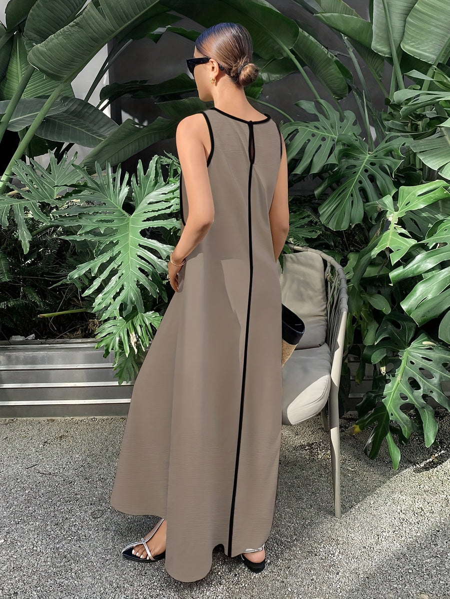 [Size for Regular Fit] Women's Simple Vacation Loose-Fit Comfortable Color-Block Contrast Trim Long Tank Dress - Linen