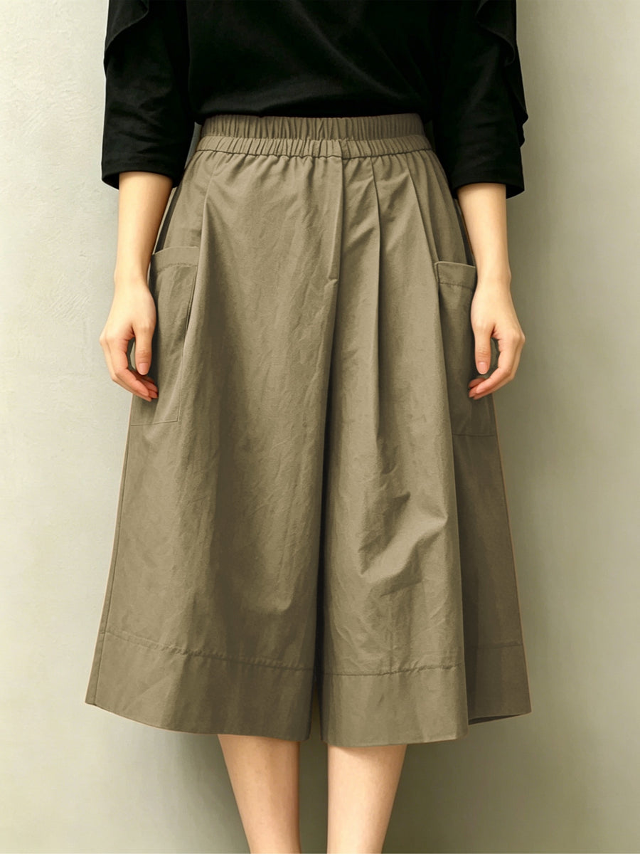 High-Waist Elastic Waist Women'S Capri Wide-Leg Skirt Pants, Side Large Pocket Design, Loose Skirt Silhouette, Breathable Fabric, Summer Casual Wear Choice - Khaki