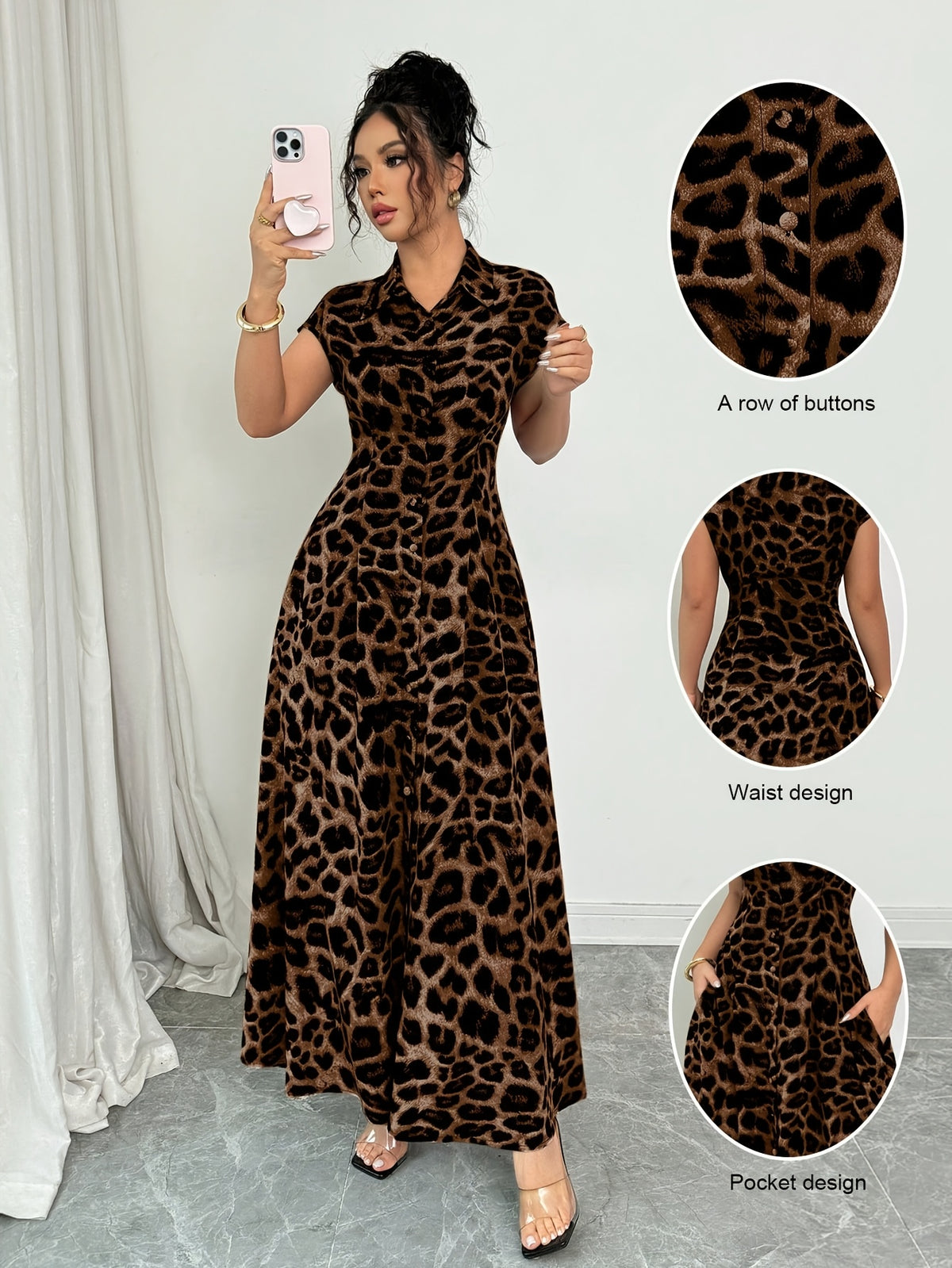 Women'S Elegant Leopard Print Lapel Short Sleeve Waist-Defining Button Front Dress - Dark Brown