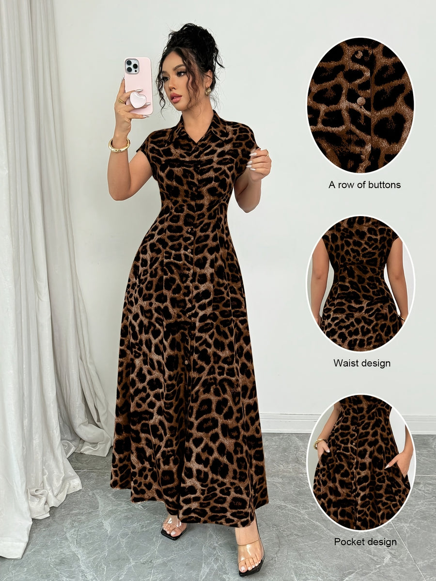 Women'S Elegant Leopard Print Lapel Short Sleeve Waist-Defining Button Front Dress - Dark Brown