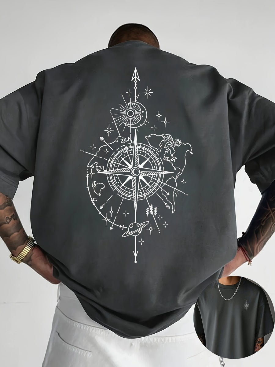 Creative Front and Back Print Round Neck T-Shirt, Pure Cotton Summer Fashion Short Sleeve Top for Casual Daily Style Essential Outing Gift Choice - Dark Gray