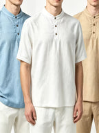 2026 New American Three-Piece Linen Stand-Up Collar Buckle Short Sleeve Summer Leisure Sports Business Home Trendy Brand Thin Breathable Versatile Henley Shirt - Blue + White + Khaki