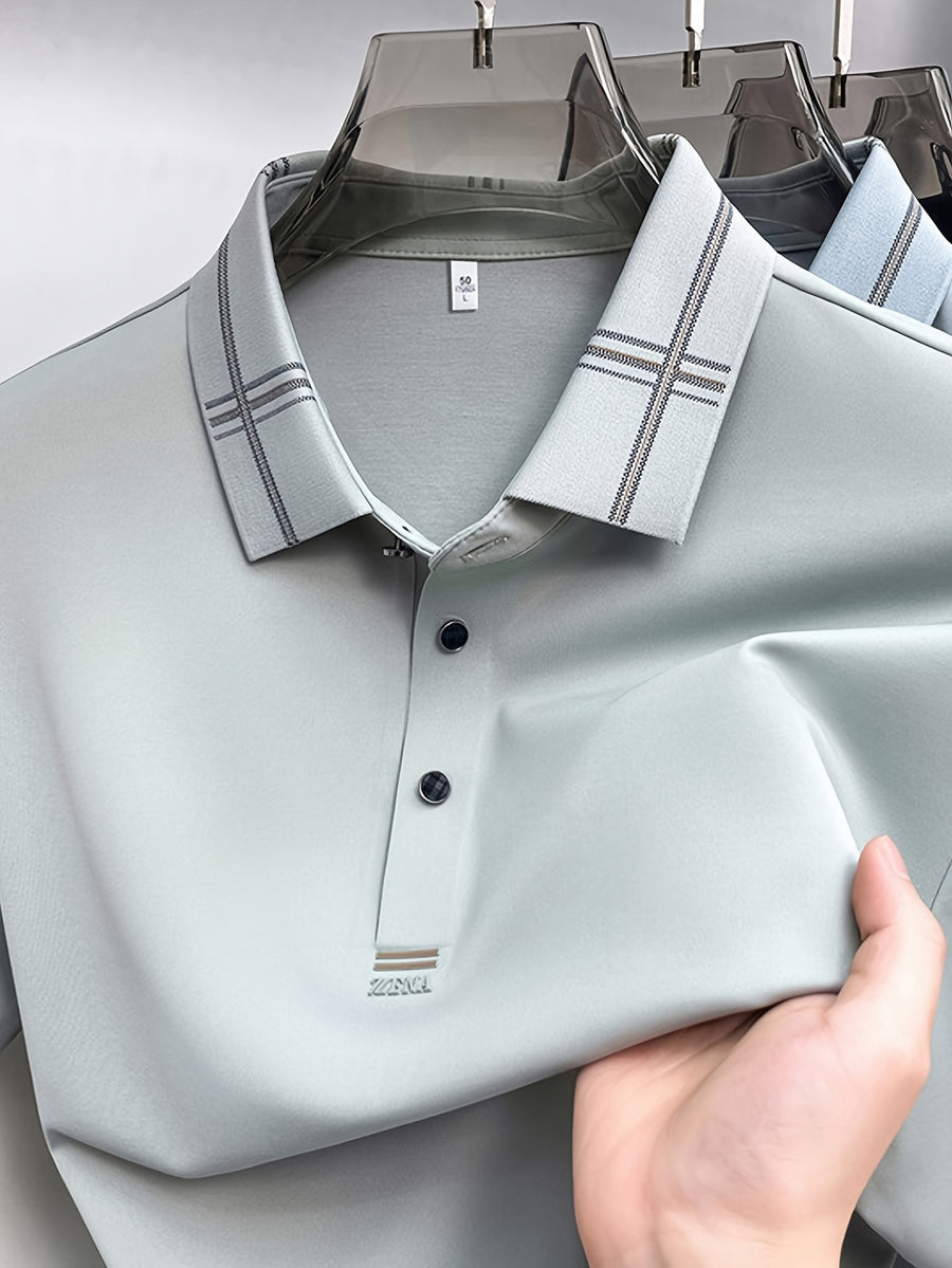 Men's Summer Polo Shirt with Plaid Contrast Collar, Seamless Construction for a Restrictive-Free Feel, a Comfortable Choice for Summer Commuting, Outdoor Activities, and Business Meetings - SINBOS - Light Green