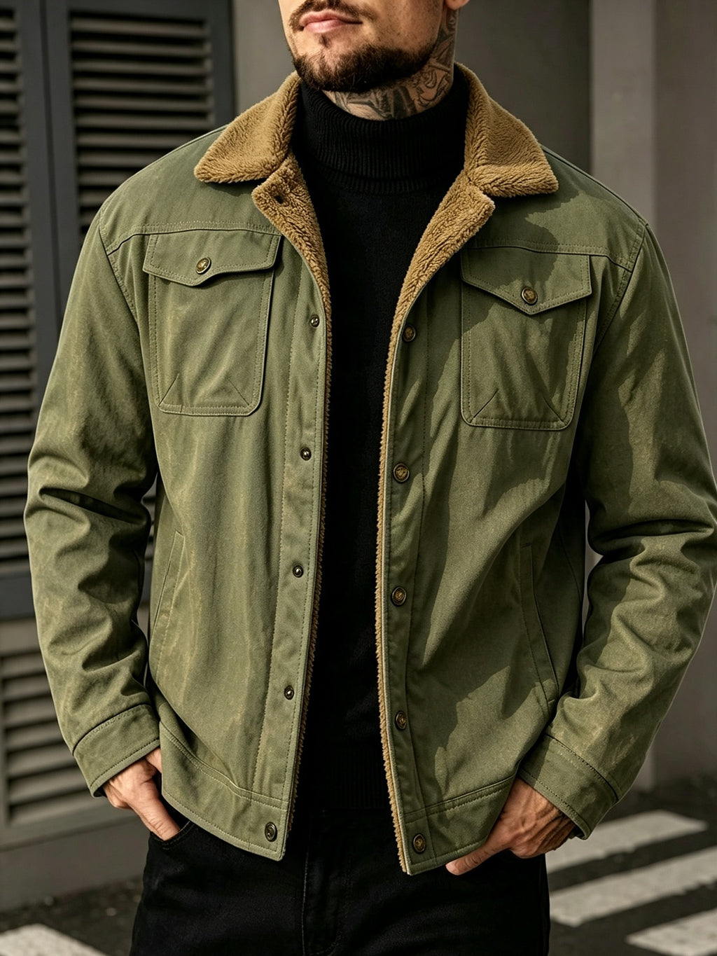 2026 European American New Men'S Outing Fashion Trendy Fleece Warm Jacket Coat - Military Green