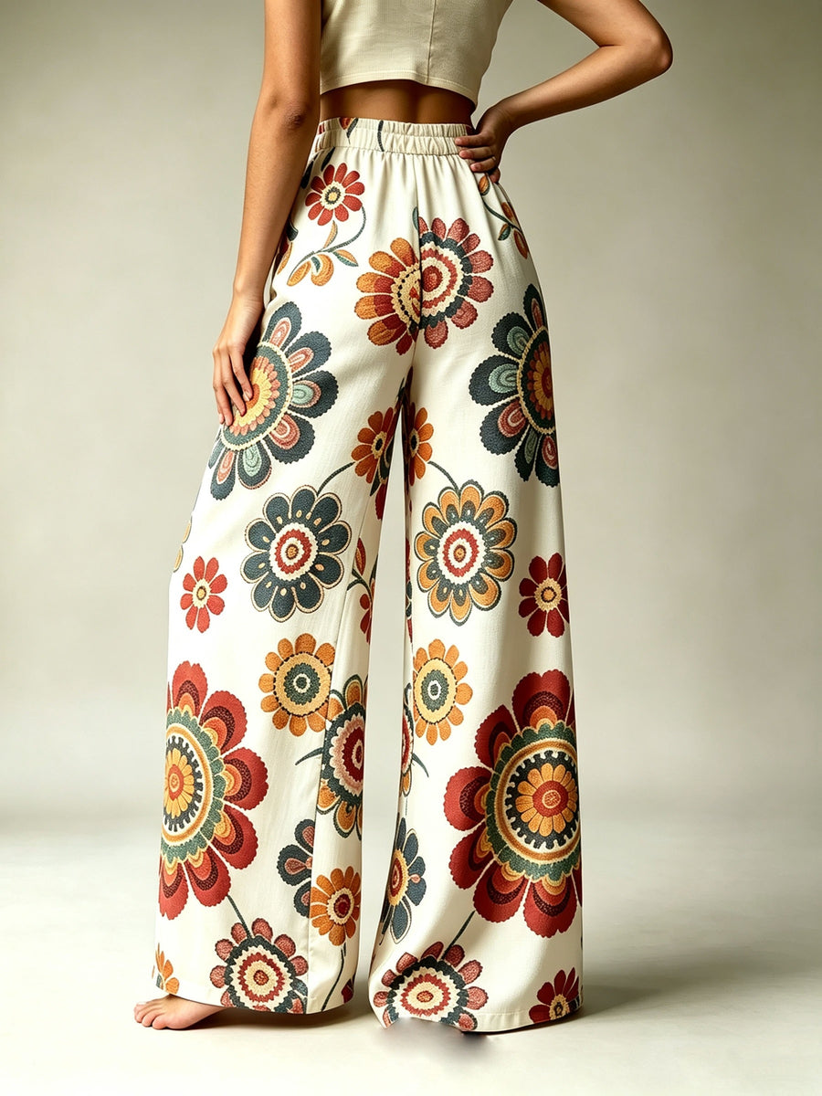 Bohemian Style Colorful Floral Print Wide-Leg Pants Women'S High-Waisted Drawstring Loose Vacation Style Casual Trousers - Mixed colors