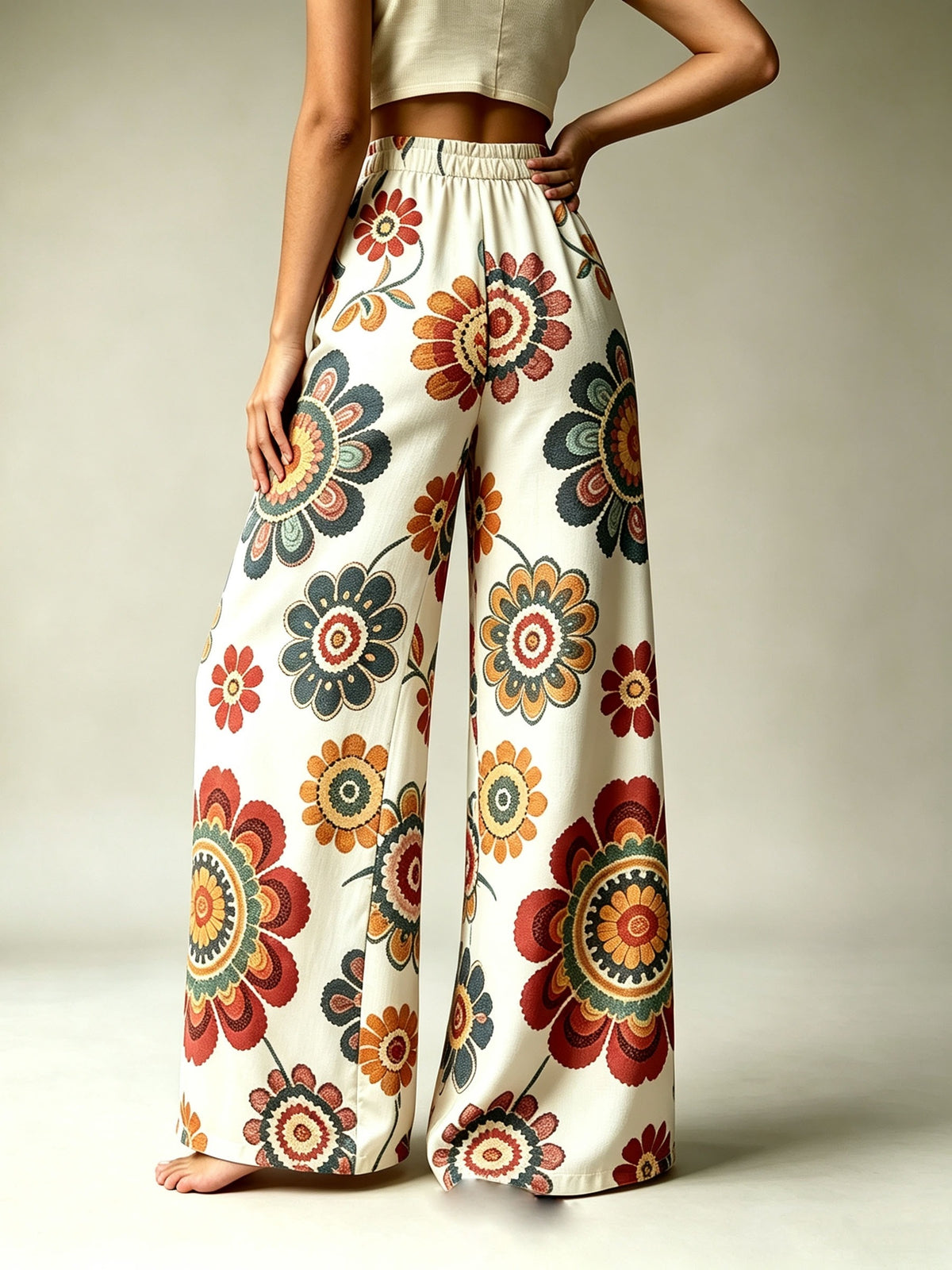 Bohemian Style Colorful Floral Print Wide-Leg Pants Women'S High-Waisted Drawstring Loose Vacation Style Casual Trousers - Mixed colors