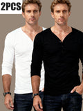A Two-Piece Set of Men'S Long-Sleeve V-Neck T-Shirts for Spring And Summer, Featuring a Thin Design Suitable for Autumn, with a Deep V-Neck And Henley Style - Mixed colors