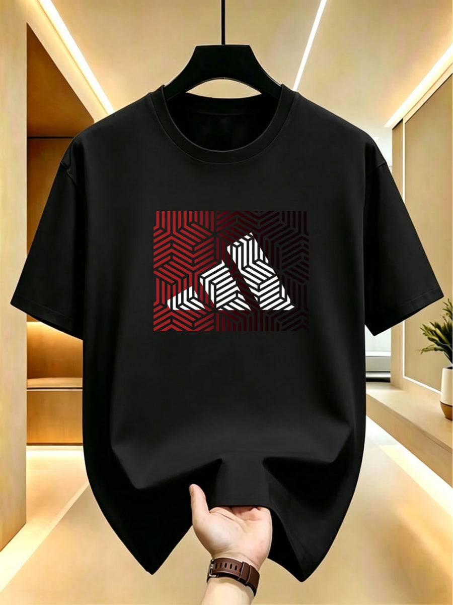 Men's Black and Red Gradient Geometric Pattern Print T-shirt, Summer Crew Neck Short Sleeve - Black