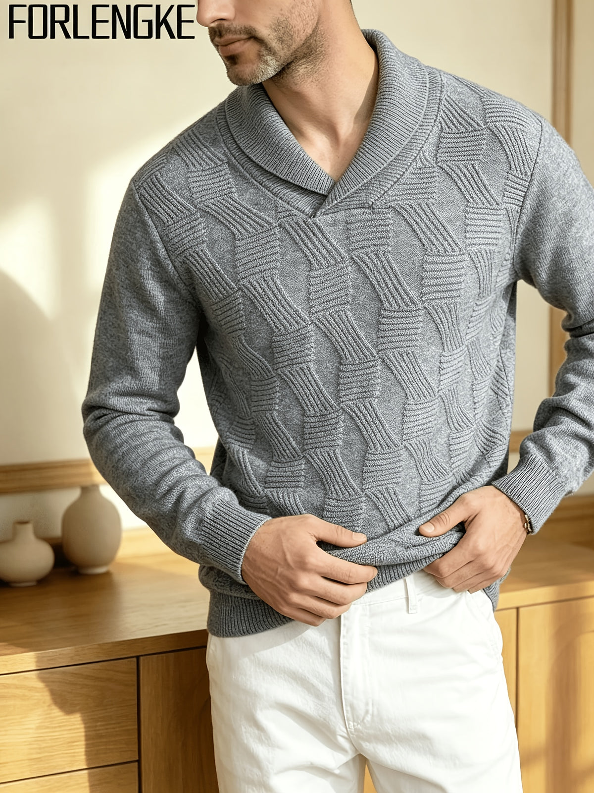 FORLENGKE Men'S Business Casual Shawl Collar Geometric Textured Knit Sweater, Soft Warm Long Sleeve Pullover for Fall Winter Office Daily Wear - Grey