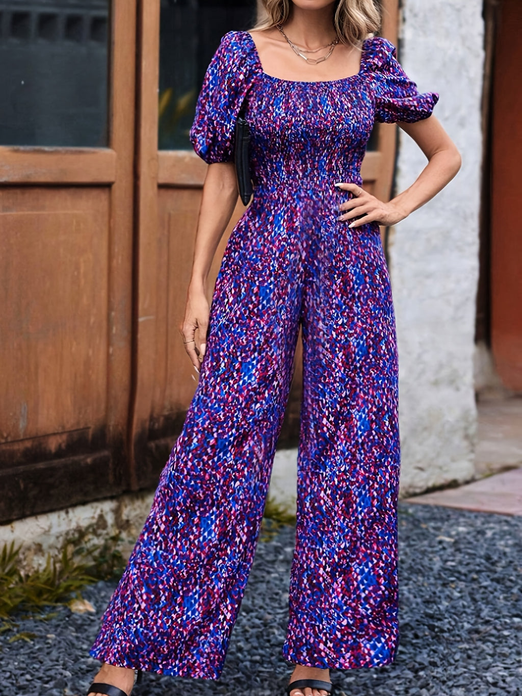 All-Over Print Ruffled Detail, Fluffy Sleeve Wide-Leg Jumpsuit - Mixed colors