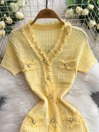 V-neck Metallic Single-button Solid Color Fashionable Fringe Trim Body-hugging Slit Mermaid Dress LL256 - Yellow