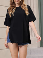 Oversized Women'S Size Top Round Neck Casual Basic Style Oversized Blouse Fashion Side Slit Loose Short Sleeve T-Shirt - Black